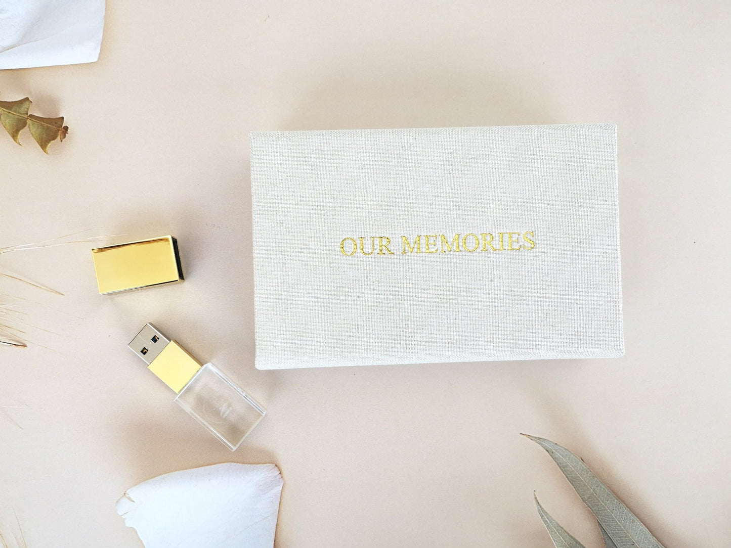 Beige Cream Linen USB Box - ikimi2023
